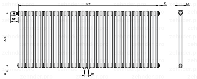 Схема (чертеж) Радиатор Zehnder Charleston 2250/39 №V007 Белый глянцевый RAL 9016